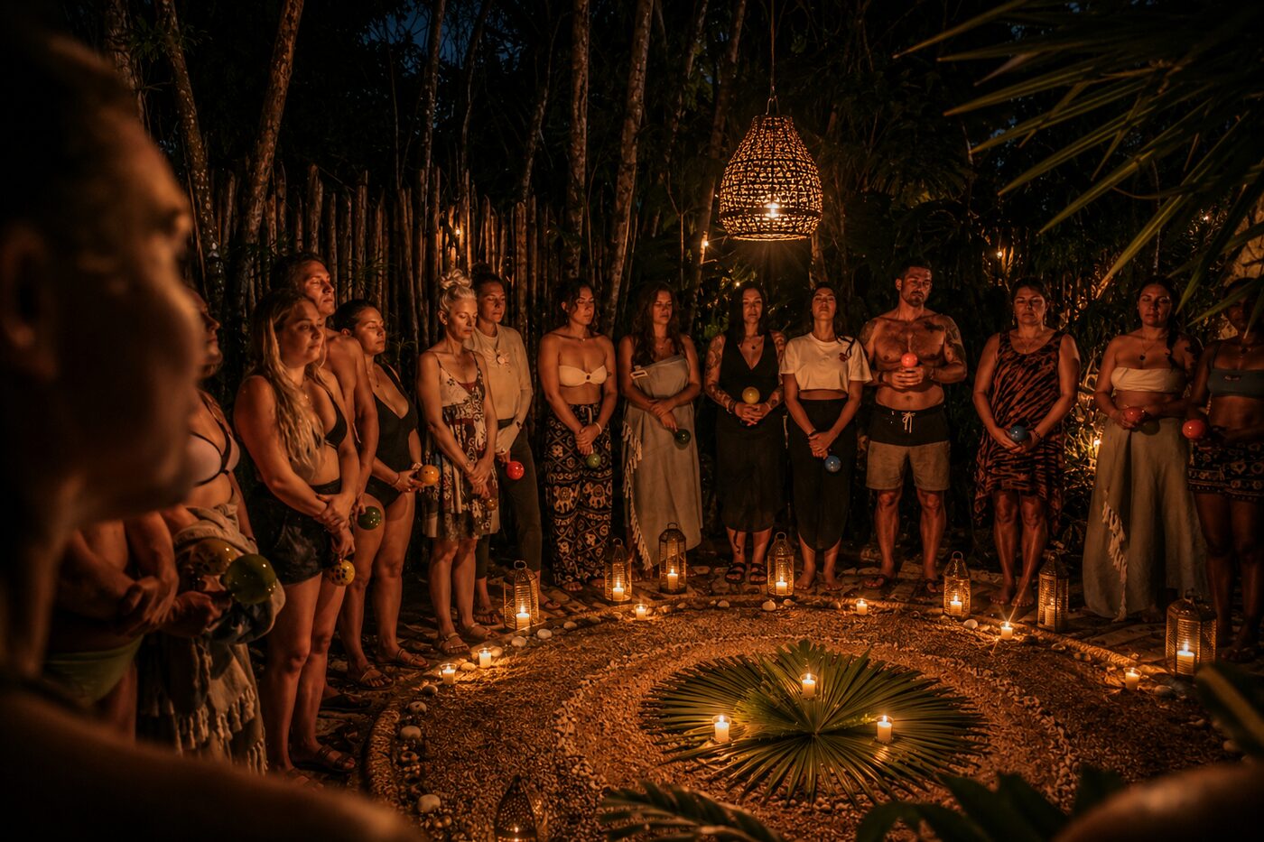 A full standing circle of ceremony participants in the jungle at night in Tulum, each holding a candle