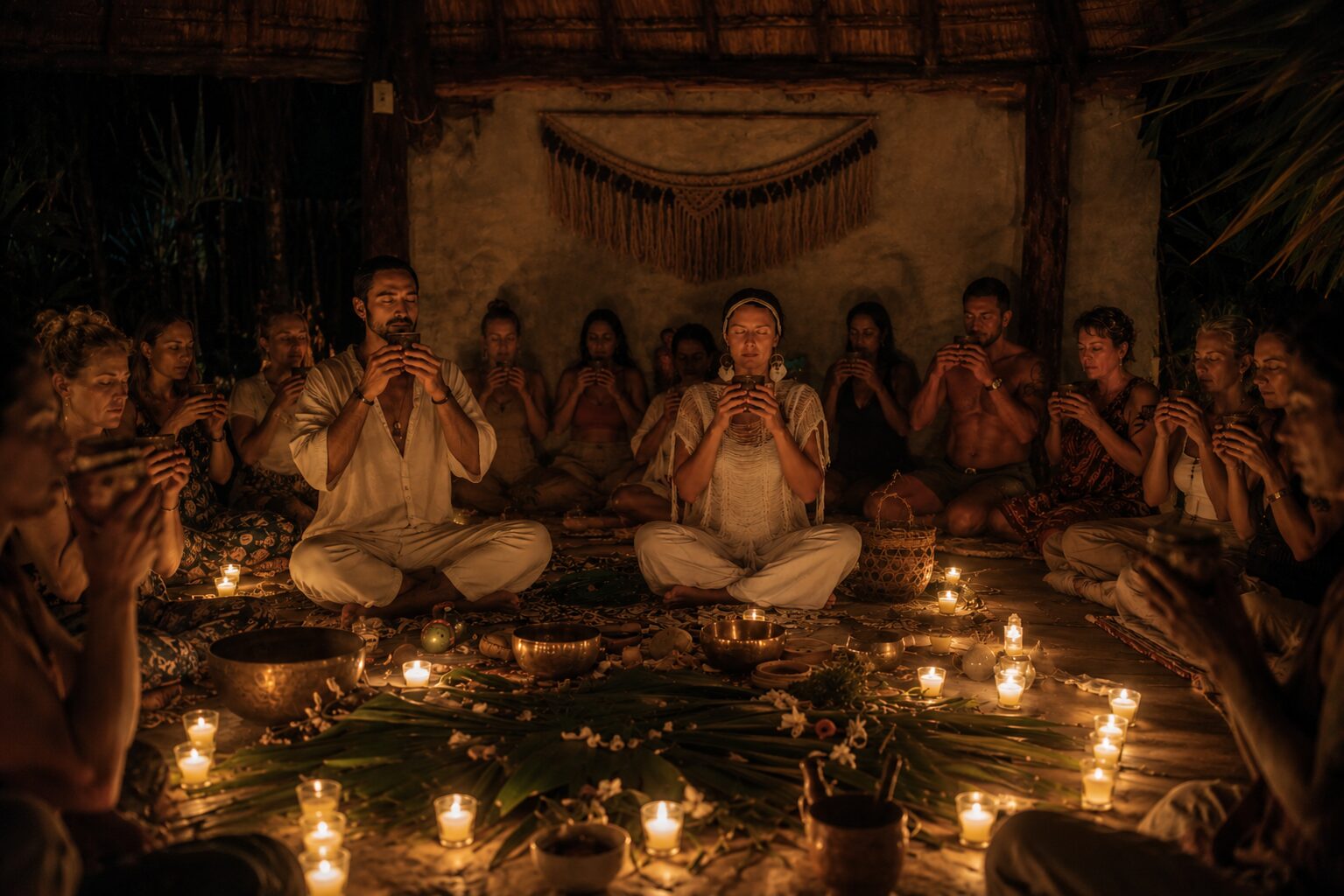 A candlelit circle in a Tulum palapa, participants seated together holding cacao cups during the ceremony