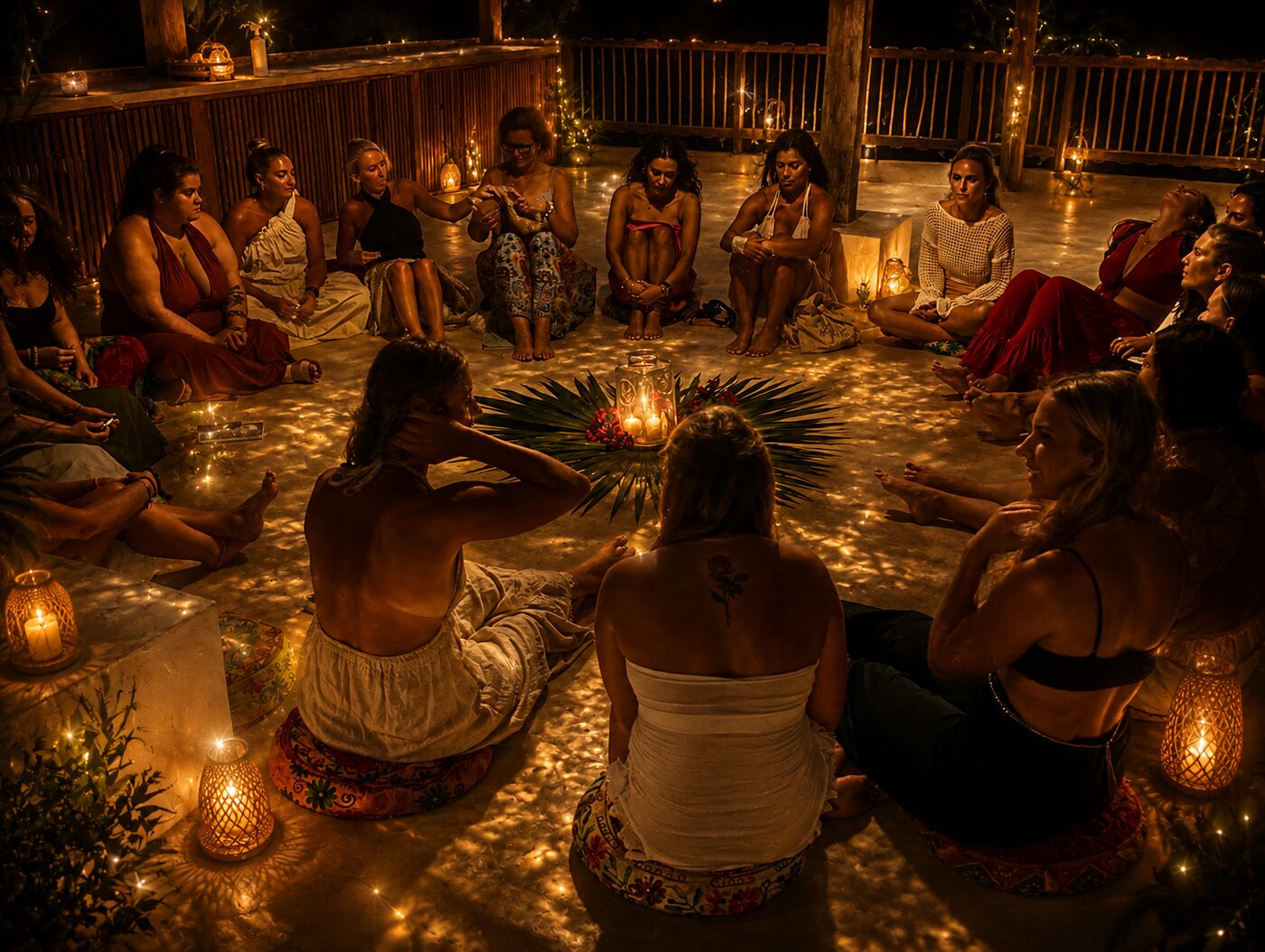 A candlelit circle gathered on an open-air deck in Tulum during the sound healing portion of the ceremony