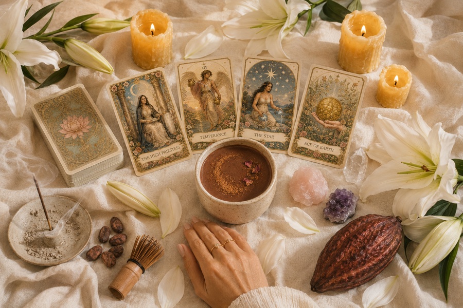 A cacao ceremony spread — The High Priestess, Temperance, The Star, and Ace of Earth laid out with candles, lilies, and crystals