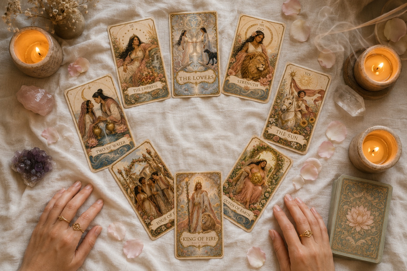 A circle of tarot cards laid out by candlelight, crystals and rose petals around the reading cloth