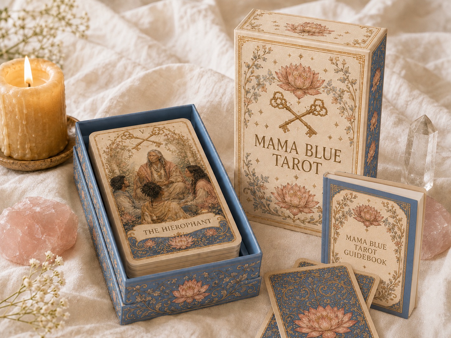 The Mama Blue Tarot box, guidebook, and The Hierophant card laid out with candlelight and crystals