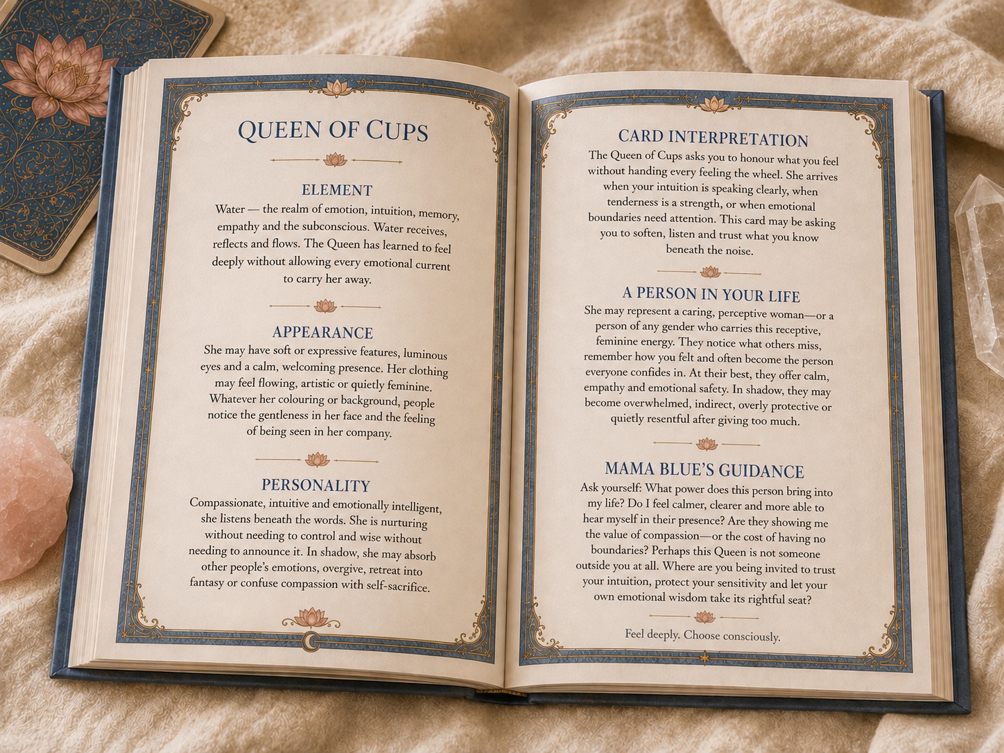 The Mama Blue Tarot guidebook, open to the Queen of Cups page, with element, appearance, personality, and Mama Blue's guidance