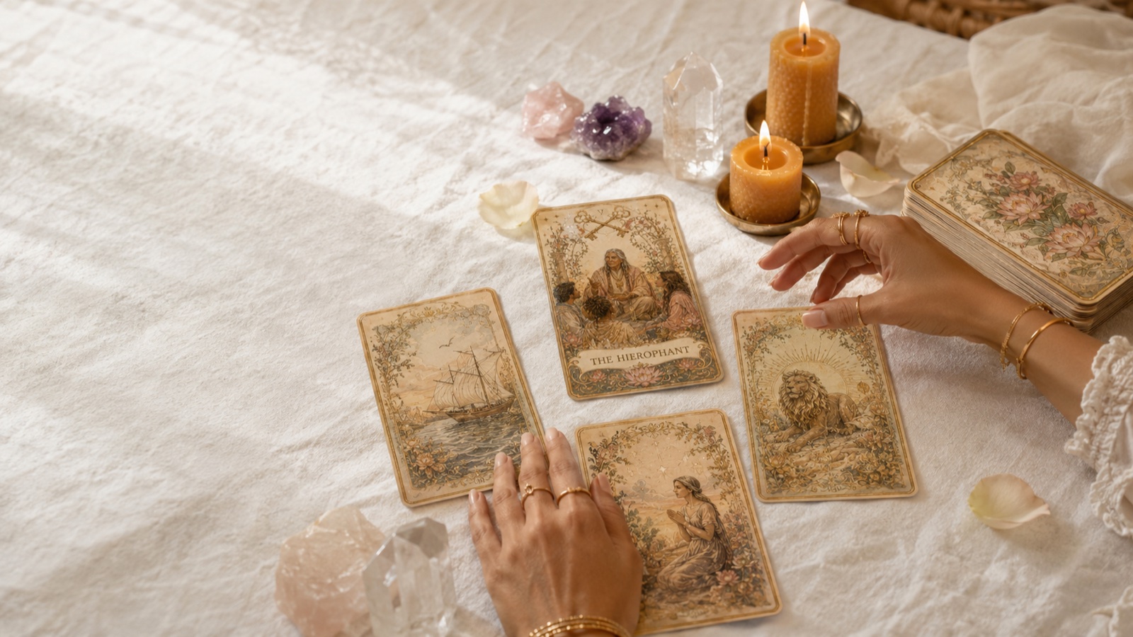 A four-card reading being laid out by hand, including The Hierophant