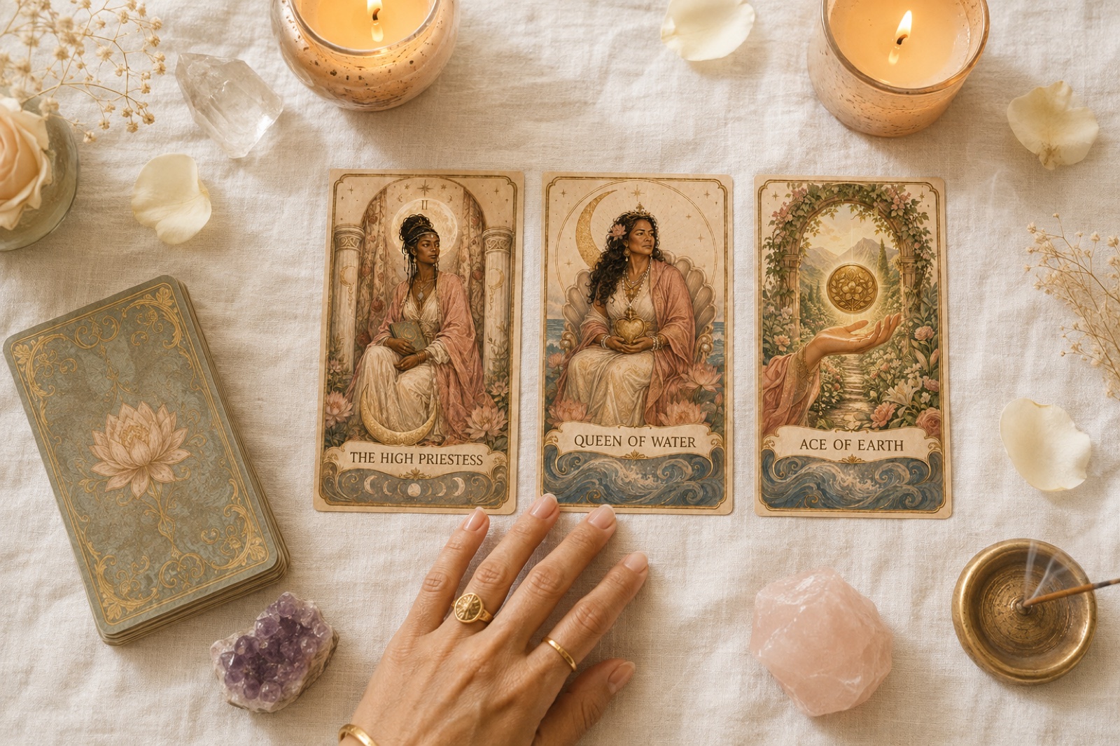 The High Priestess, Queen of Water, and Ace of Earth laid in a row with candles and crystals